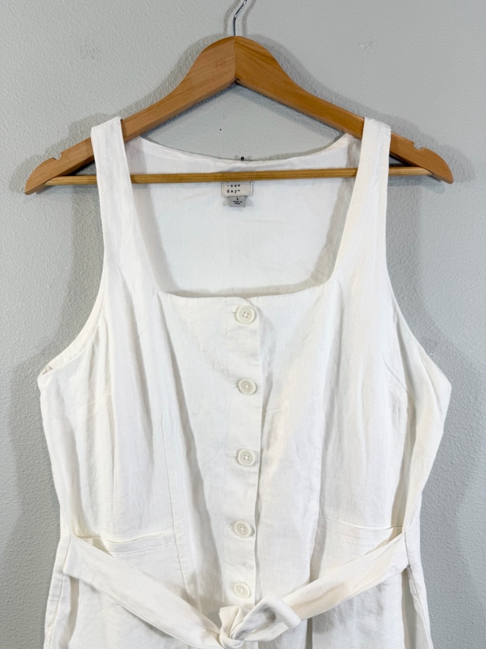 A New Day White Linen Dress Size L Sleeveless Belted Button Front Summer Casual - Picture 4 of 10